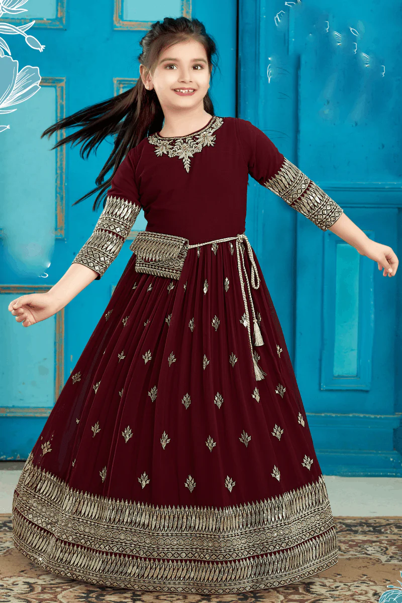 Maroon Sequins, Stone and Zari work Long Party Gown
